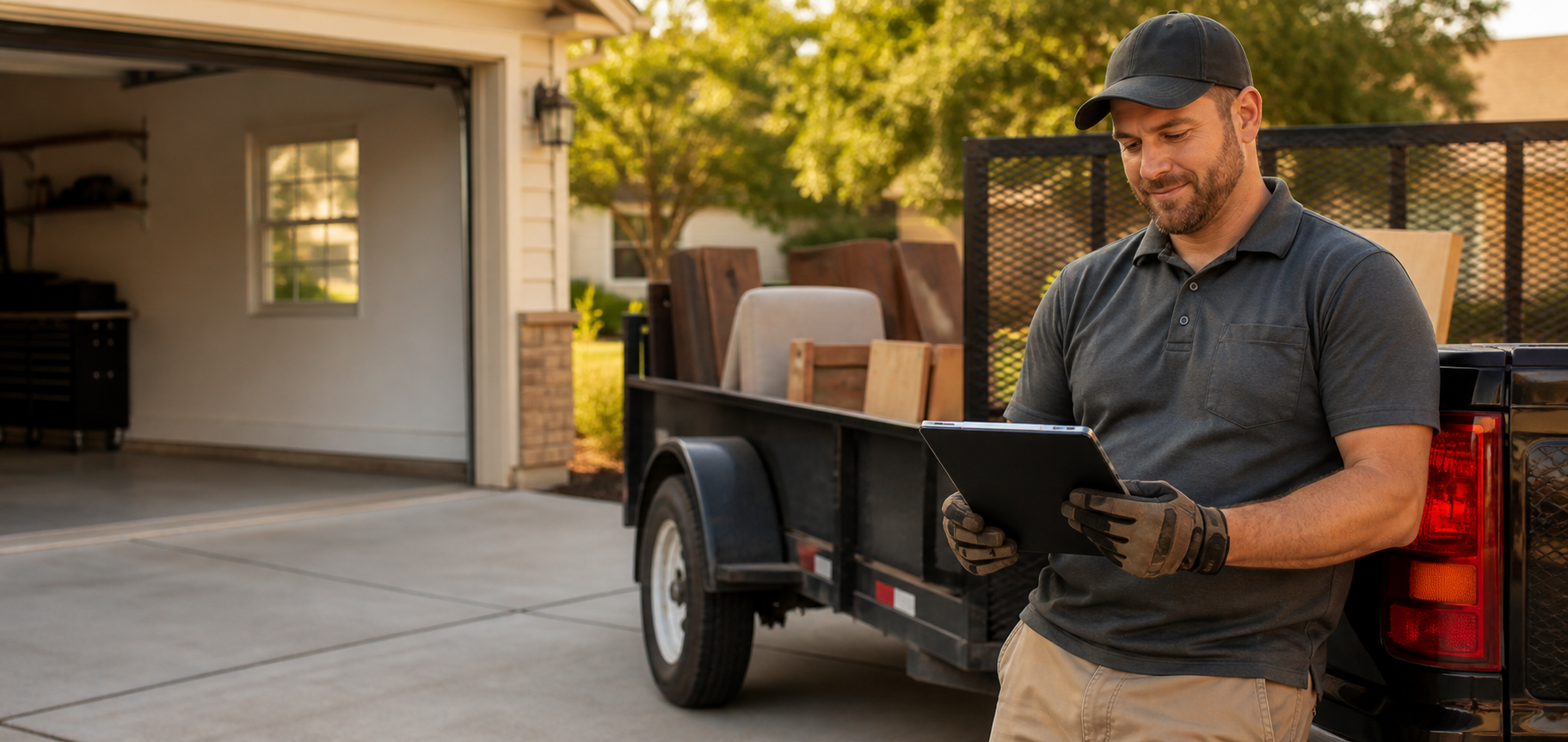 Junk removal operator reviewing a quote beside a trailer